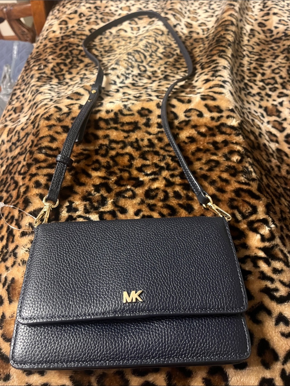 Michael Kors Black Pebbled Leather Crossbody with Gold MK Logo - Picture 8 of 9